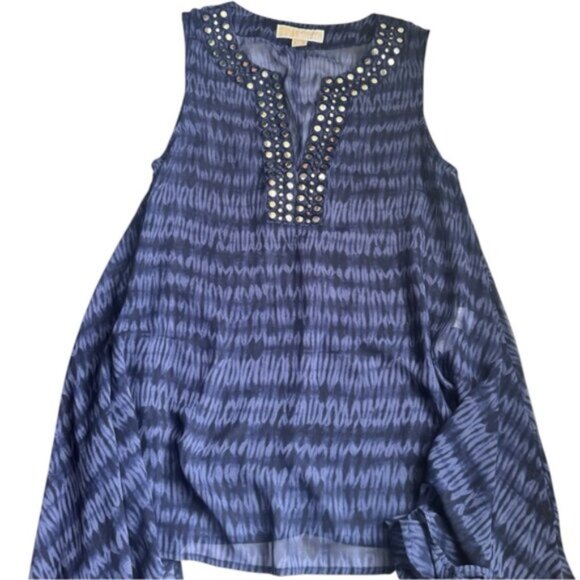 Michael Kors Beaded Asymmetrical Boho Top VNeck Lightweight Blouse Print Blue S - Picture 2 of 16